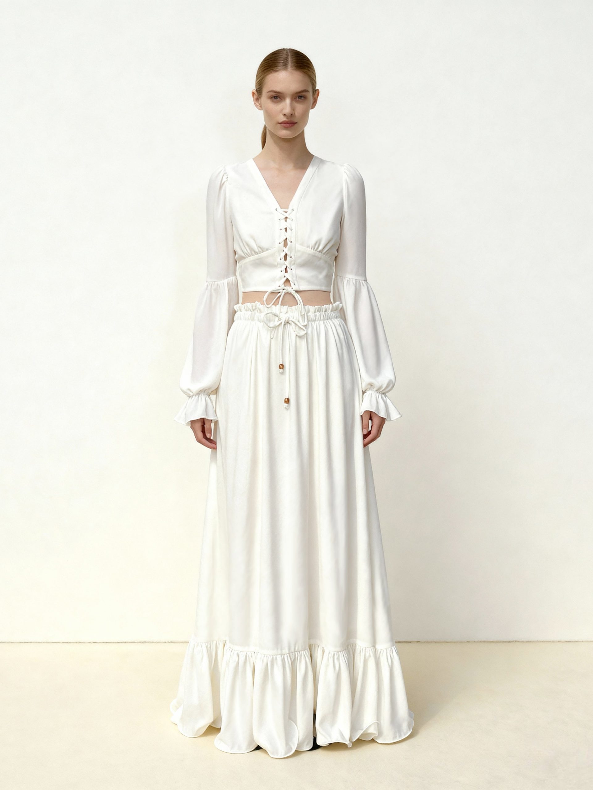 Chiffon Lantern-Sleeve Tie-Front Cropped Blouse - White - Image 2