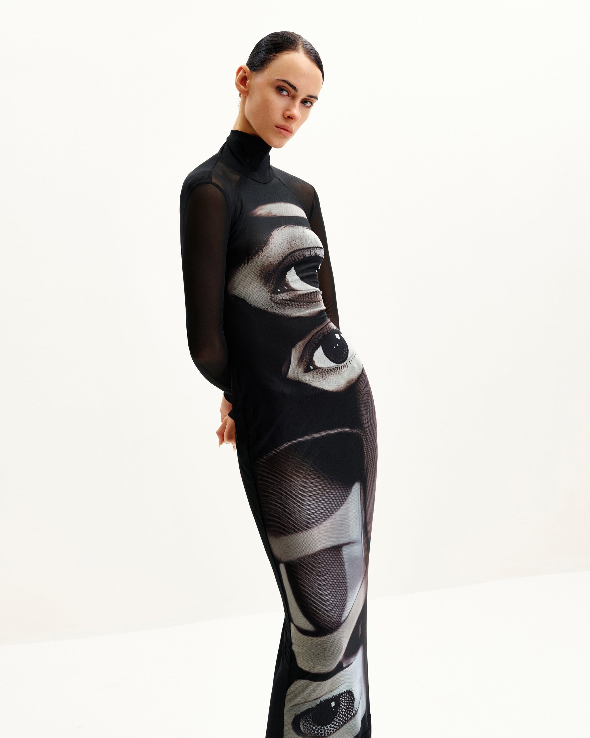 Sophia Eye Print Mesh Dress - Black/White - Image 3