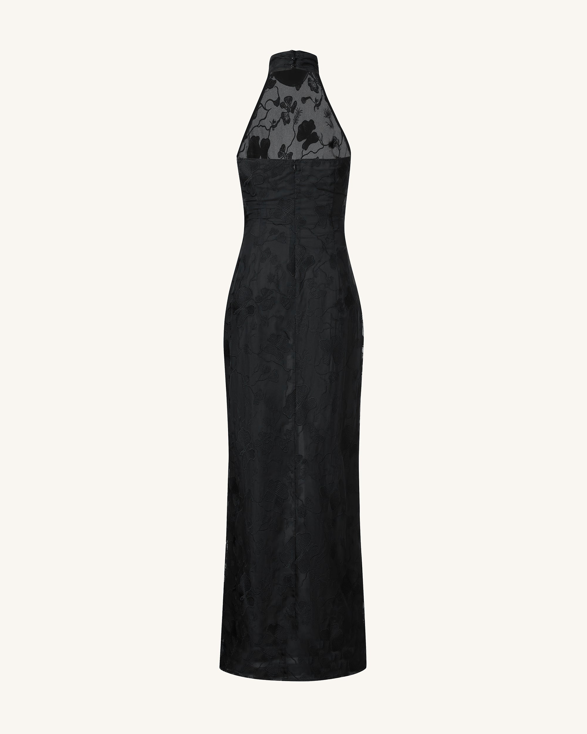Uliana Black Floral Lace Halterneck Maxi Dress - Black - Image 3