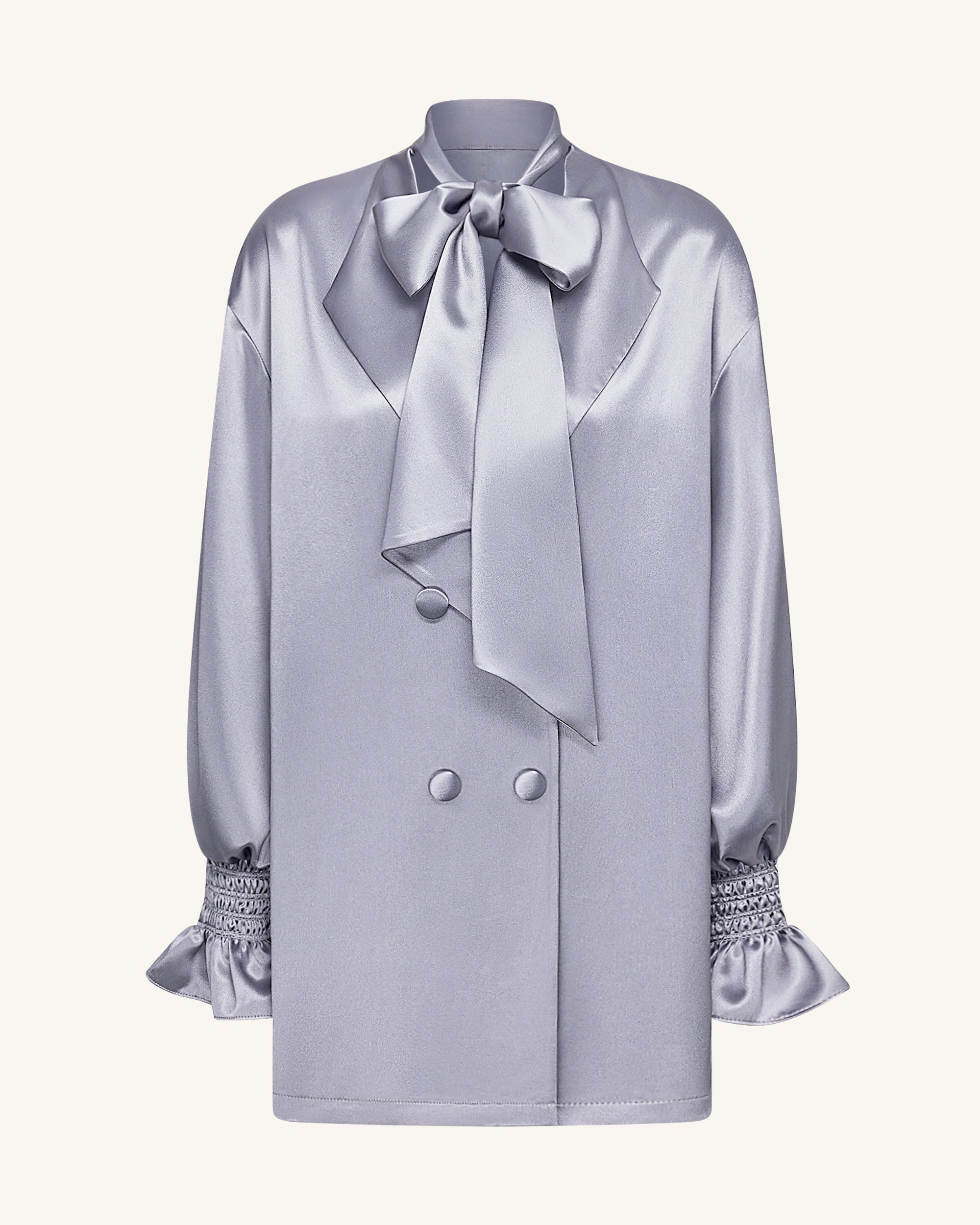 Ribbon Tie Balloon Sleeve Longline Blazer - Silver - Image 2