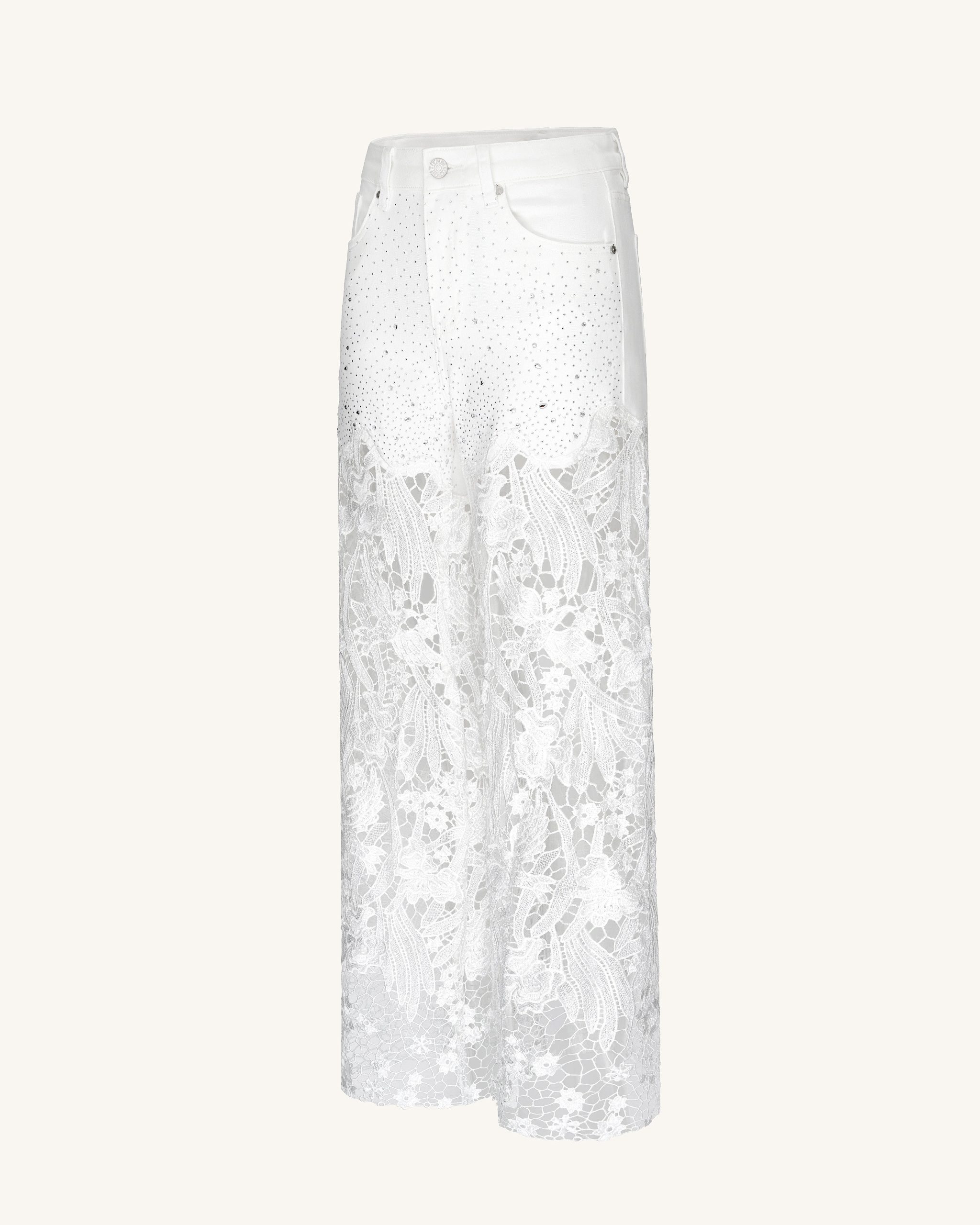 Embroidery High Rise Wide Leg Lace Denim Jeans With Rhinestone - White - Image 3