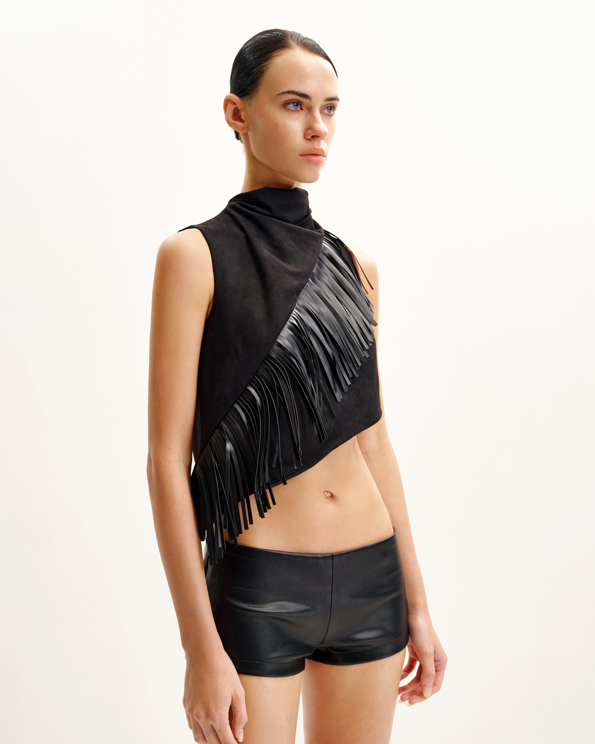 Adeline Asymmetric Fringe Sueded Top - Black - Image 2