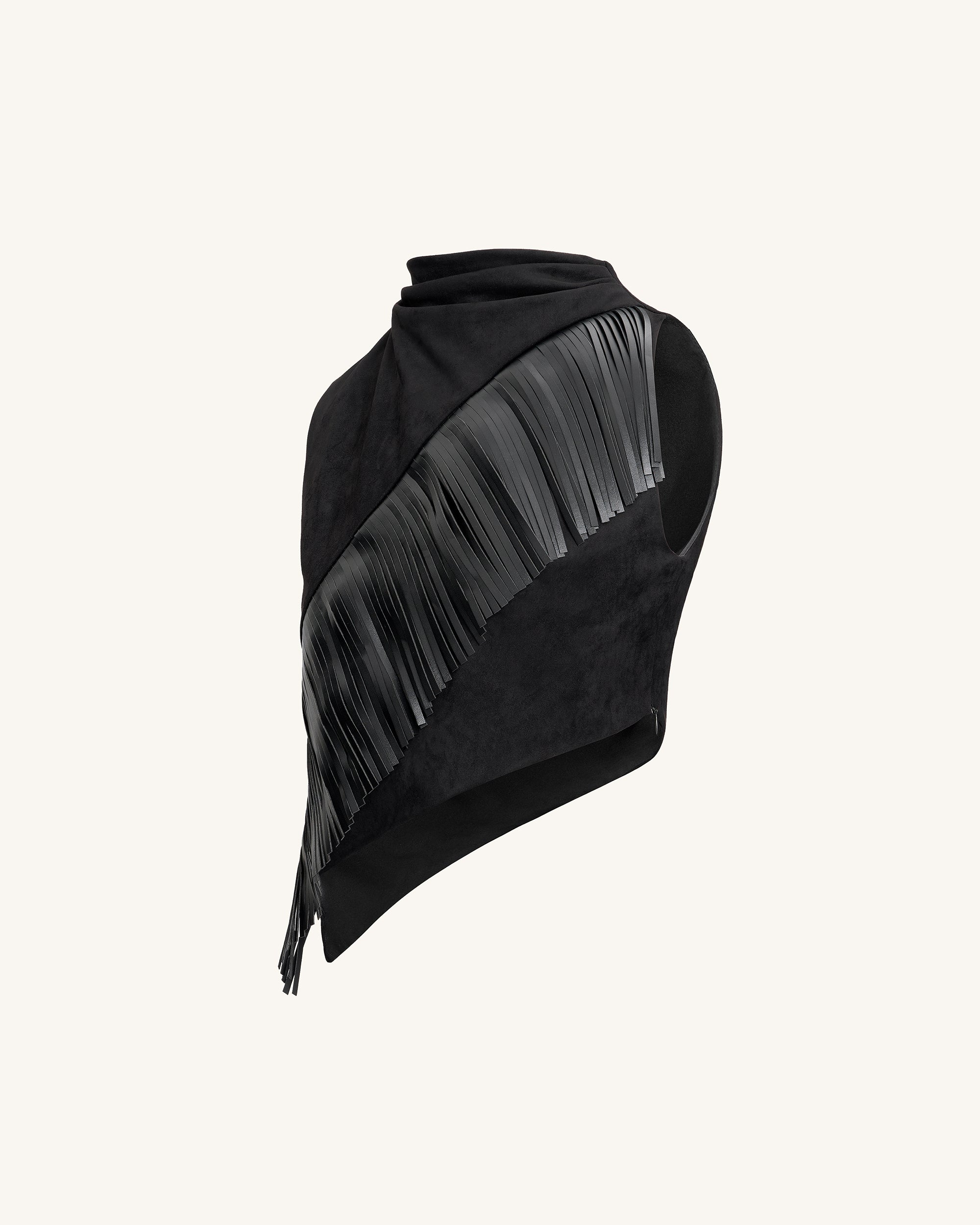 Adeline Asymmetric Fringe Sueded Top - Black - Image 5