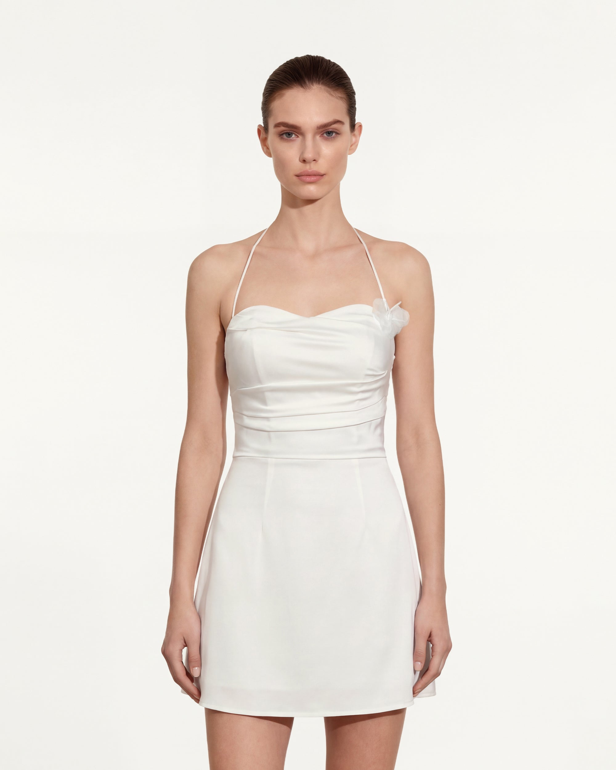 Floral Ruched Halter Mini Dress - White - Image 2