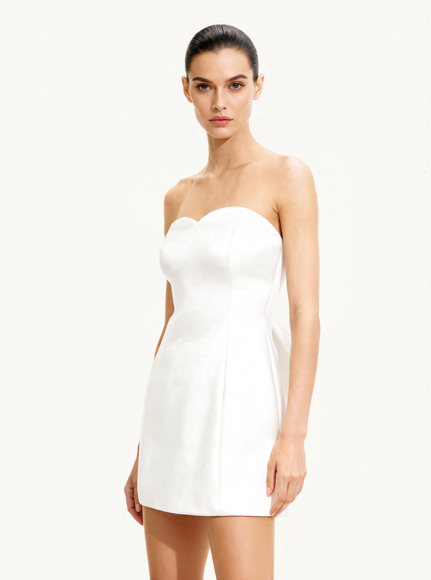 Satin Strapless Bow-Back Mini Dress - White - Image 2