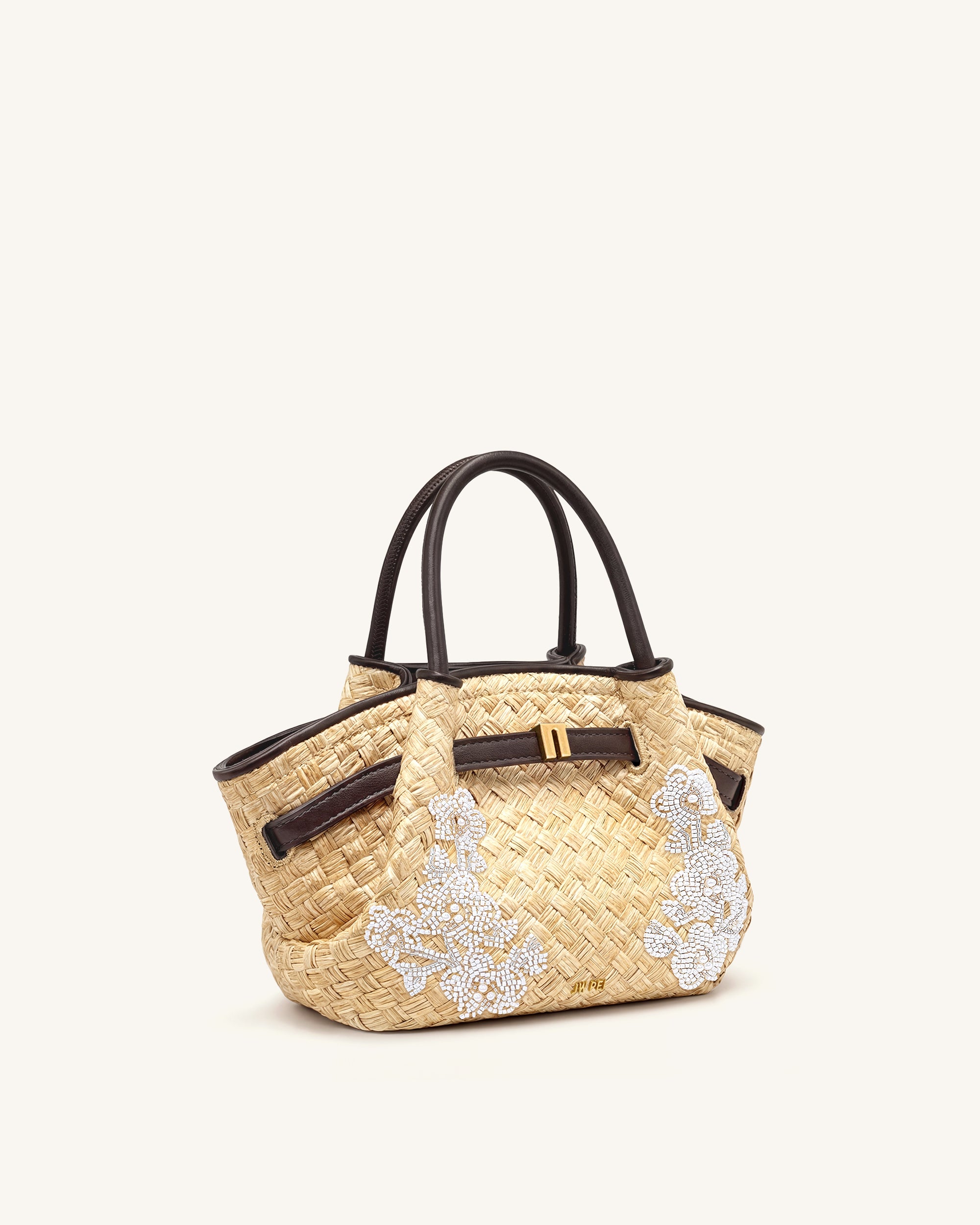 Hana Mini Faux Straw Beading Tote Bag - Brown - Image 2
