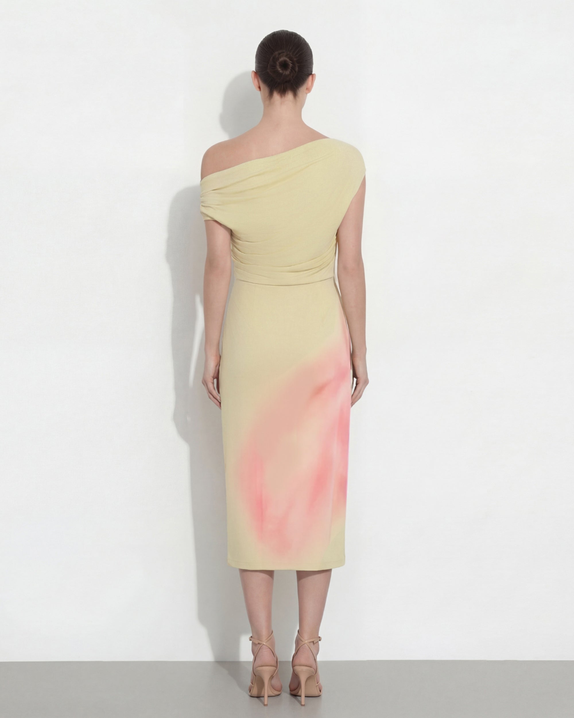 Watercolor Floral Print One-Shoulder Asymmetric Midi Dress - Yellow - Image 2