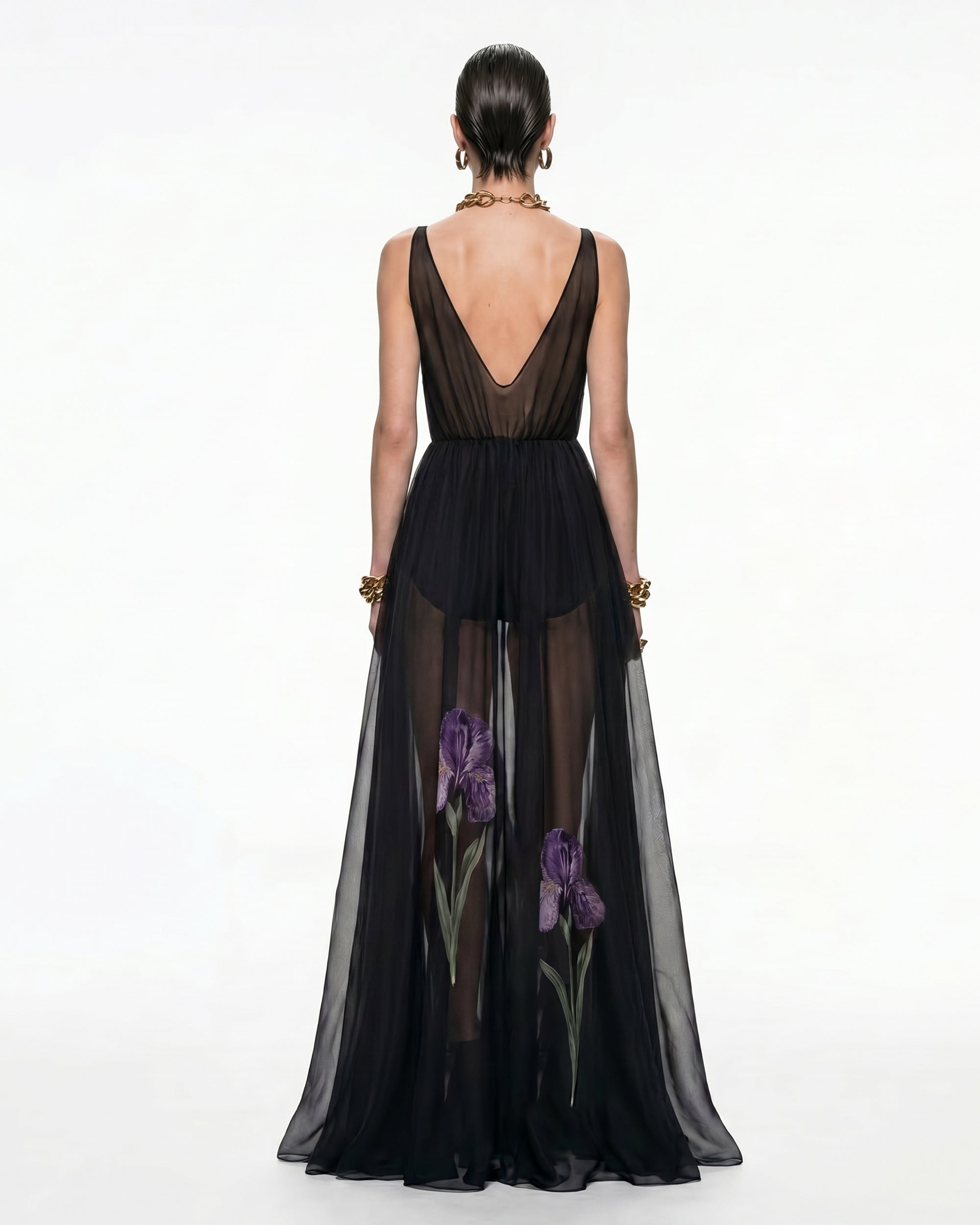 Sheer Floral Print Maxi Dress - Black - Image 2