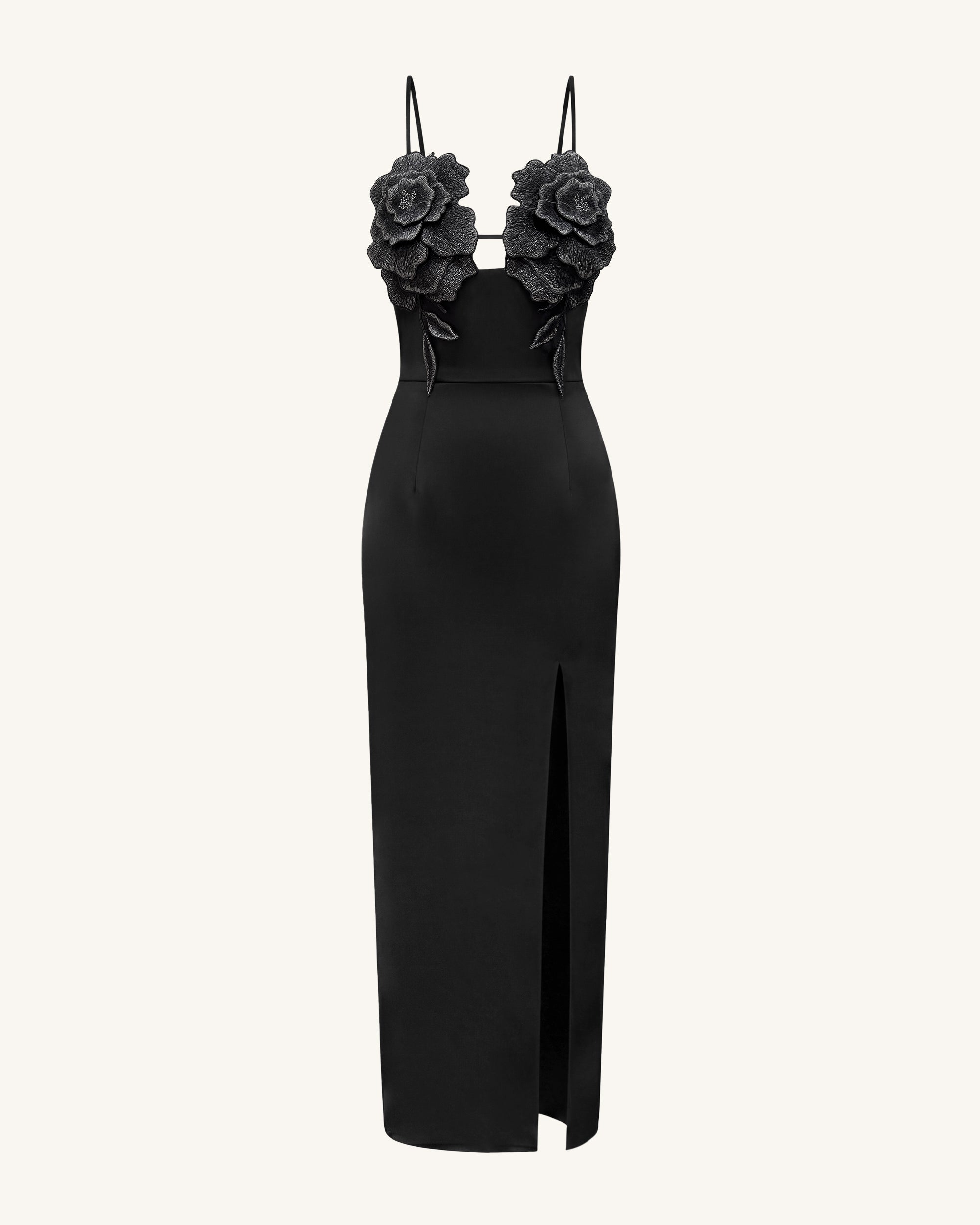 3D Floral Strappy Maxi Dress - Black - Image 2