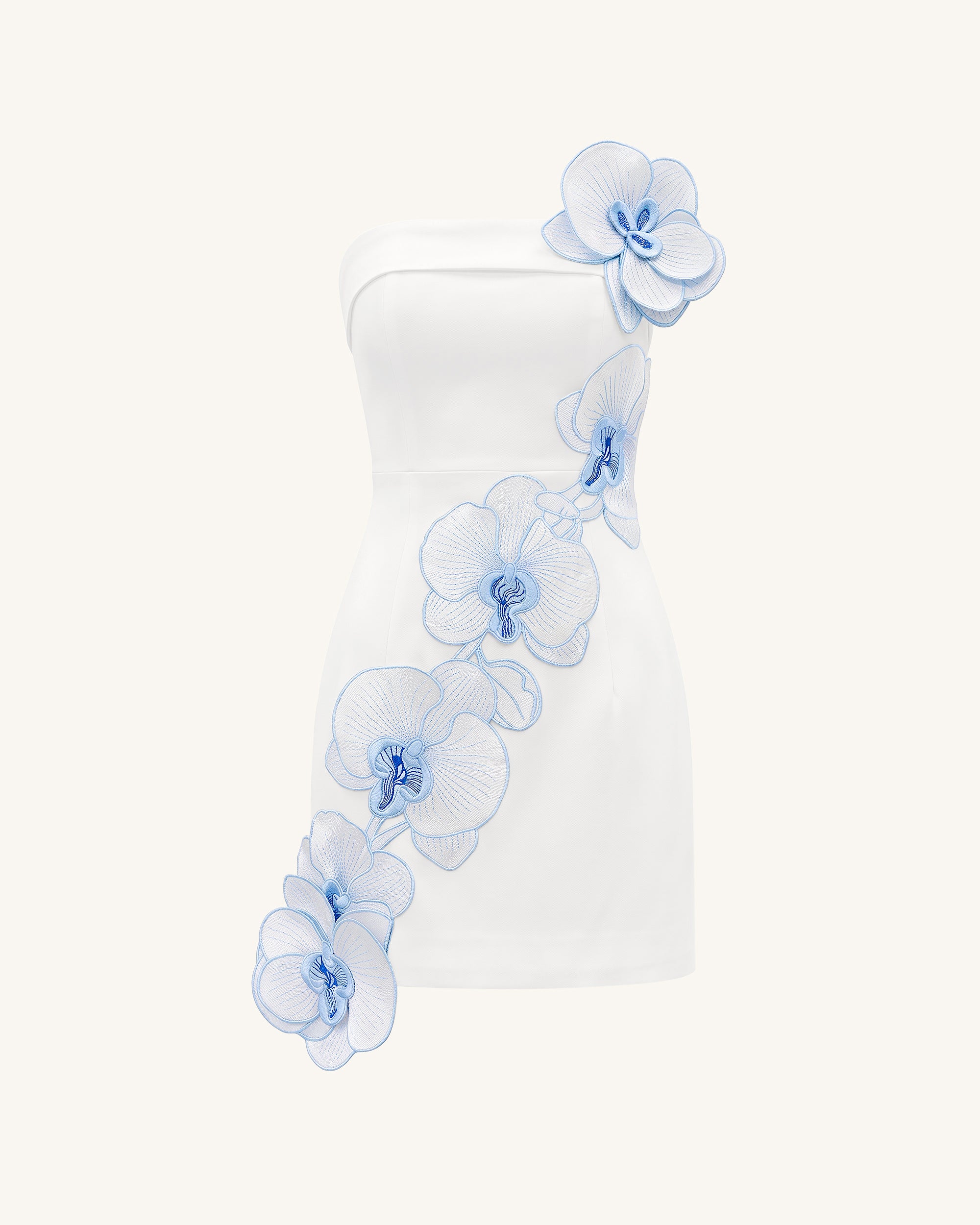 Orchid Embroidered Floral Appliqué Strapless Mini Dress - White Blue - Image 3