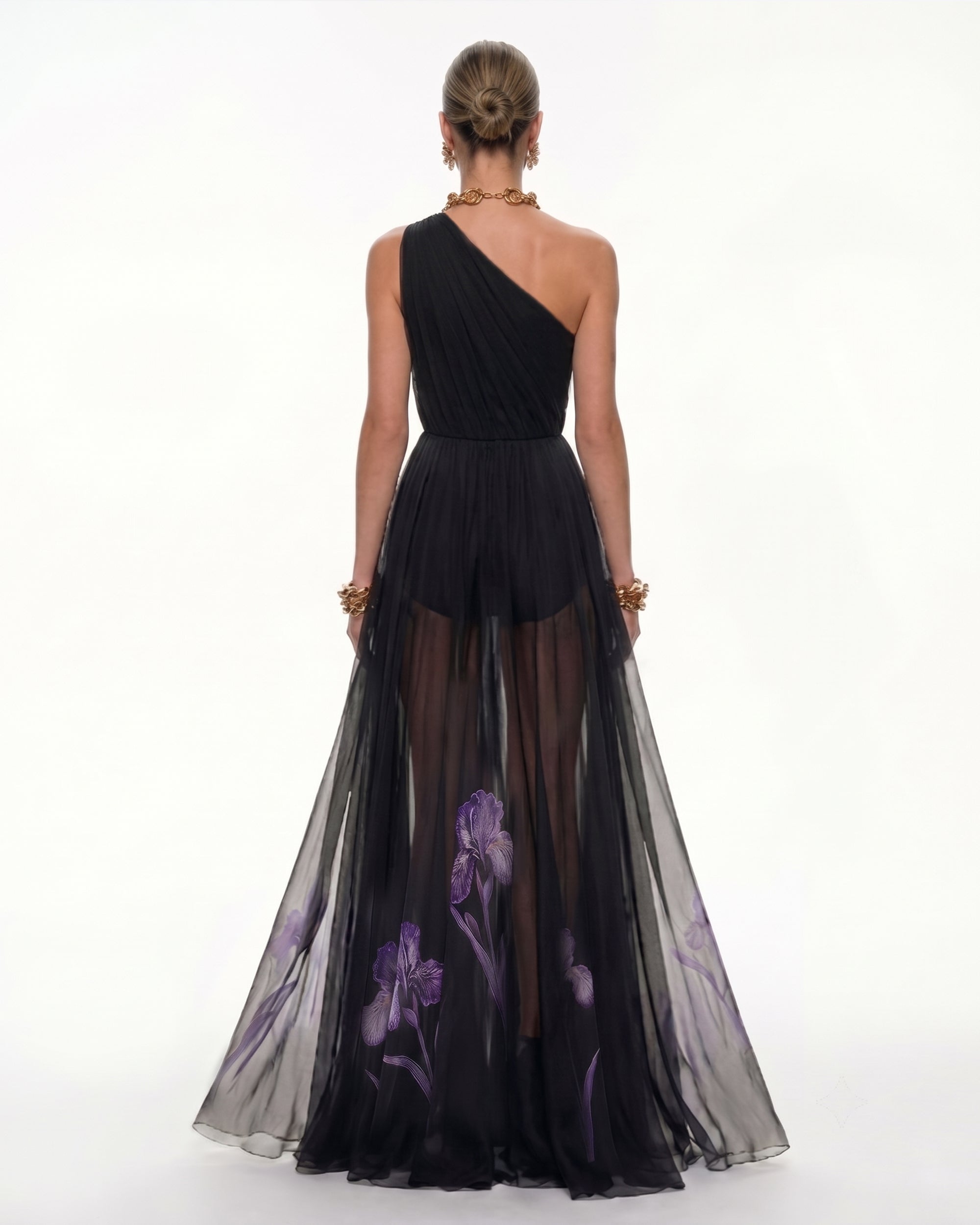 Floral One Shoulder Maxi Dress - Black - Image 2