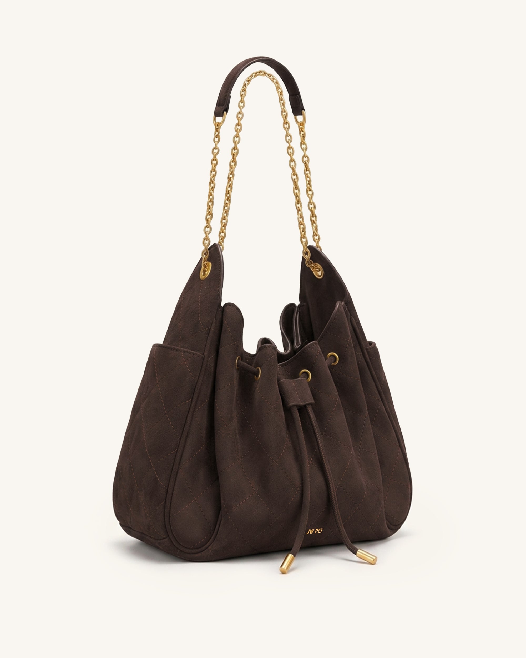 Rowan Faux Suede Quilted Chain Bucket Bag - Dark Brown - Image 2