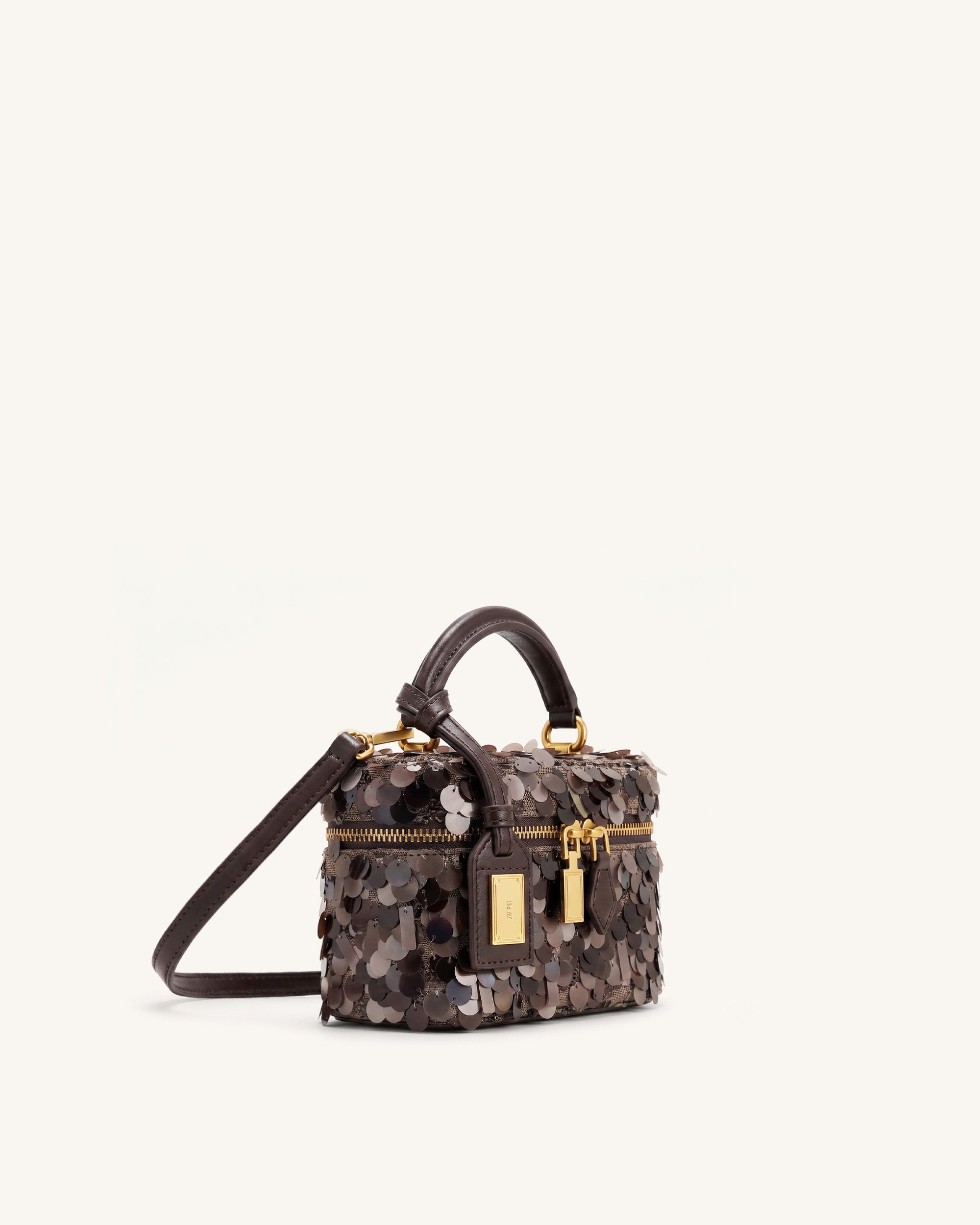 Cleo Metallic Sequin Box Shape Top Handle Bag - Brown - Image 2